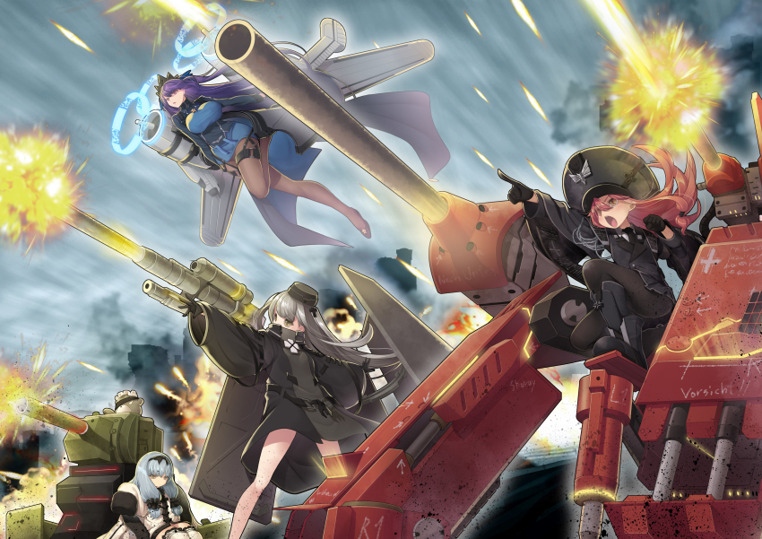 4girls 88_flak 88_flak_(ash_arms) absurdres ash_arms black_dress black_footwear black_gloves black_headwear black_jacket black_legwear black_neckwear blue_dress blue_hair boots breasts brown_eyes brown_legwear cannon character_request collared_shirt commentary_request covered_mouth day dress firing flying gloves grey_hair hat highres jacket knee_boots koflif large_breasts long_hair long_sleeves maus_(ash_arms) mini_hat multiple_girls name_connection necktie object_namesake on_one_knee open_mouth outdoors outstretched_arm pantyhose pointing purple_hair shirt shoes sleeves_past_wrists star_(symbol) stuffed_animal stuffed_toy teddy_bear thighhighs tiara two_side_up v-shaped_eyebrows very_long_hair white_dress white_legwear white_shirt wide_sleeves