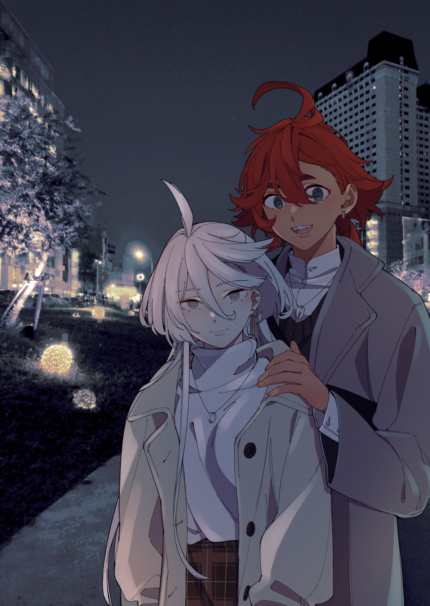 2girls absurdres ahoge building casual city coat couple dark-skinned_female dark_skin female_focus gundam gundam_suisei_no_majo hair_between_eyes hand_on_another&#039;s_shoulder height_difference highres jewelry long_hair looking_at_viewer miorine_rembran multiple_girls necklace night no_headband red_hair ring star_(sky) suletta_mercury wedding_ring white_hair wife_and_wife winter winter_clothes winter_coat yuri zhuotian