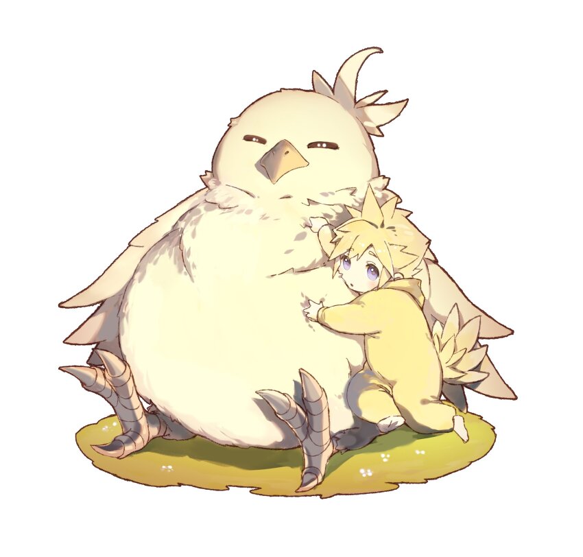 1boy aged_down animal bird blonde_hair blue_eyes child chocobo chocobo_costume closed_eyes cloud_strife cosplay fat_chocobo feathered_wings feathers final_fantasy final_fantasy_vii highres holding holding_animal hood hood_down lydiaaa male_focus onesie open_mouth wings yellow_feathers yellow_wings