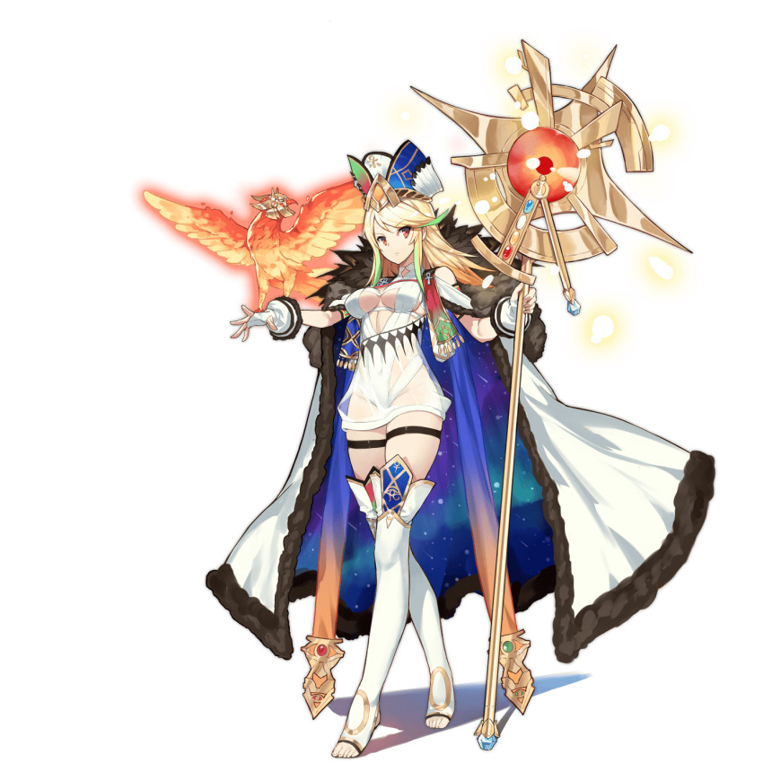 1girl ankh ark_order blonde_hair breasts cape cleavage_cutout clothing_cutout diamond_(gemstone) feather_collar fingerless_gloves fire full_body fur-trimmed_cape fur_trim gloves green_hair hat highres holding holding_staff kzhu large_breasts leotard light multicolored_hair multicolored_hat official_art orange_eyes ra_(ark_order) solo staff standing streaked_hair tachi-e thigh_strap thighhighs toeless_legwear transparent_background variant_set white_cape white_gloves white_leotard white_thighhighs