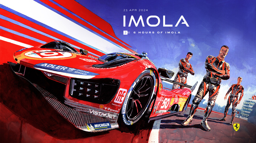 3boys andrea_cucchi antonio_fuoco autodromo_internazionale_enzo_e_dino_ferrari black_jumpsuit brown_hair car commentary crossed_arms english_commentary ferrari_499p frown jumpsuit le_mans_prototype logo looking_at_viewer male_focus michelin michelin_man miguel_molina motor_vehicle multiple_boys nicklas_nielsen official_art promotional_art race_vehicle racecar racing_suit real_life red_car shadow short_hair sky spoiler_(automobile) sponsor standing v-shaped_eyebrows vehicle_focus very_short_hair world_endurance_championship