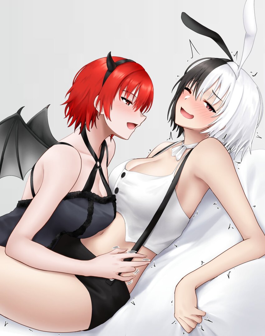 2girls ;d animal_ears azur_lane banba_(jakqbigone) bare_arms bare_shoulders black_hair black_hairband blush breasts bruenhilde_(azur_lane) camisole choker cleavage commentary_request criss-cross_halter crop_top fake_animal_ears fake_horns fake_wings grey_background hairband halterneck highres horns large_breasts midriff multicolored_hair multiple_girls navel one_eye_closed open_mouth purple_eyes red_hair short_hair smile spaghetti_strap stomach suspenders two-tone_hair weser_(azur_lane) white_choker white_hair wings