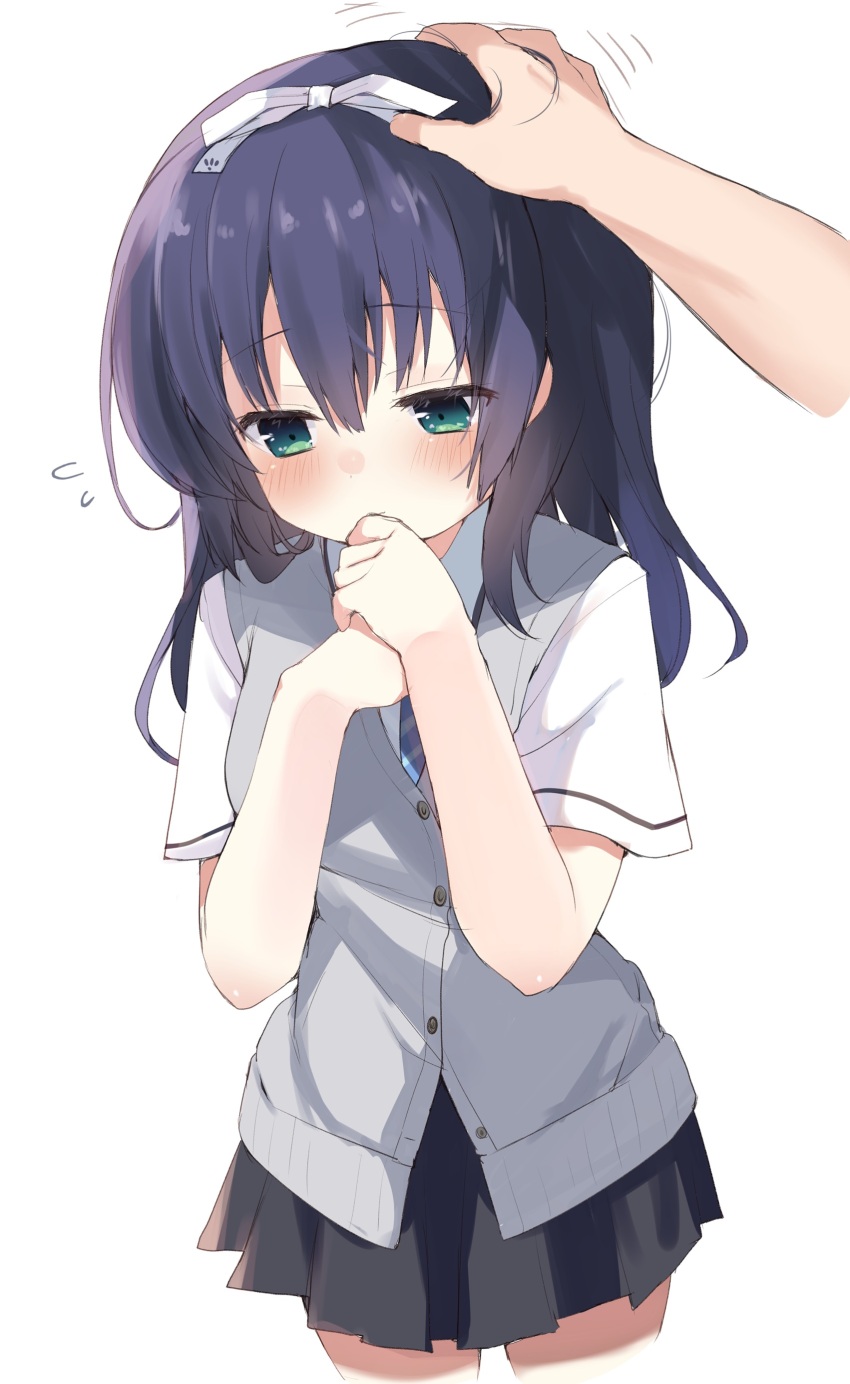 1girl 1other absurdres averting_eyes black_hair black_skirt blue_necktie blush breasts cardigan cardigan_vest closed_mouth commentary_request cowboy_shot embarrassed flying_sweatdrops green_eyes grey_cardigan headpat highres kurano_kun_chi_no_futago_jijou kurano_yae long_hair miniskirt motion_lines necktie pleated_skirt school_uniform shirt short_sleeves skirt standing takepoison white_background white_shirt