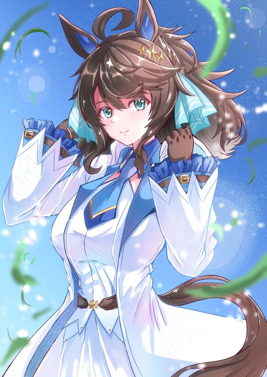 1girl ahoge animal_ears belt black_hair blue_eyes blush breasts closed_mouth commentary_request daring_tact_(umamusume) hair_between_eyes hair_ornament highres horse_ears horse_tail jacket kentan_(kingtaiki) leaf long_hair looking_at_viewer medium_breasts necktie sky smile solo star_(symbol) star_hair_ornament tail umamusume