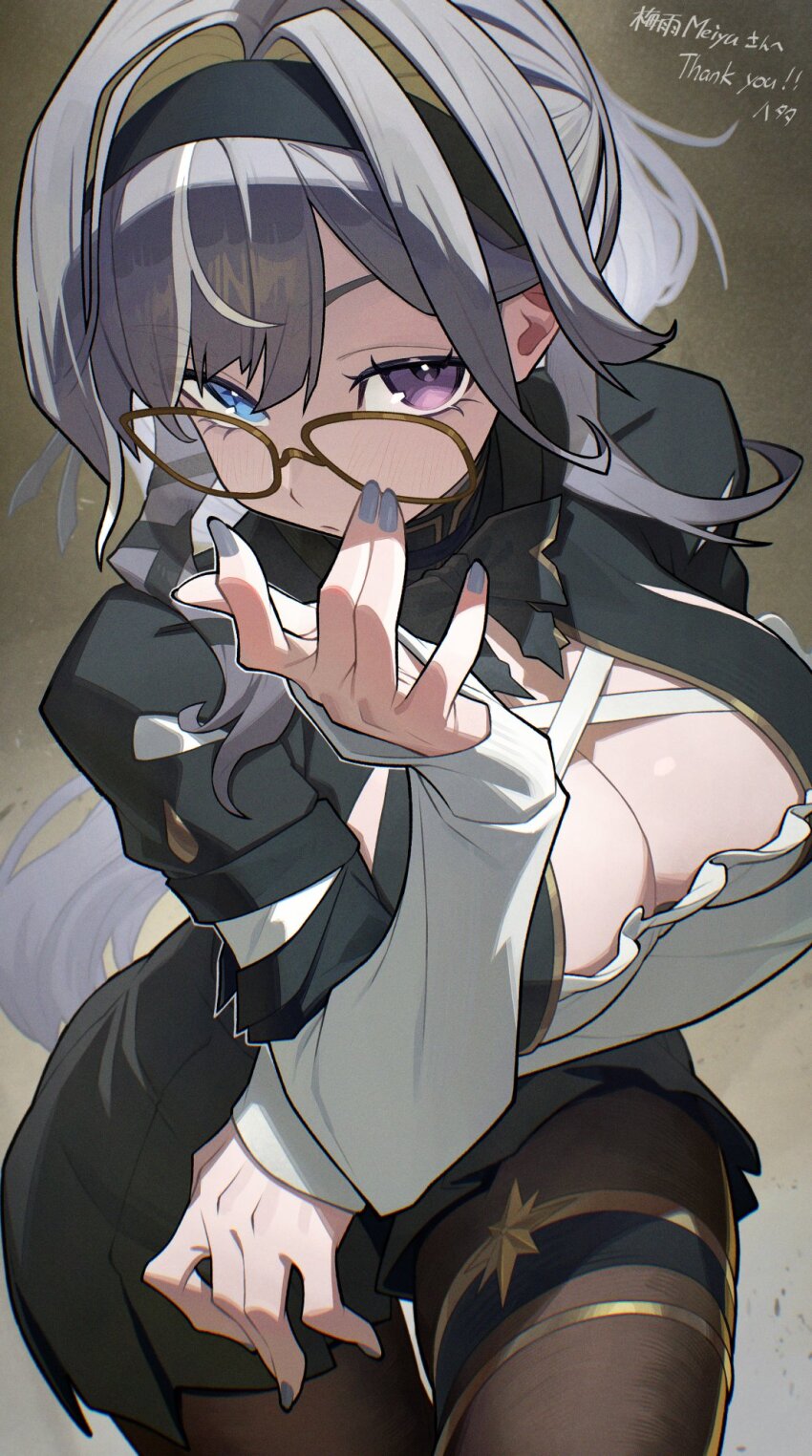 1girl black_headband blue_eyes breasts character_request cleavage commentary_request commission copyright_request expressionless glasses gradient_background grey_eyebrows grey_hair grey_nails hata4564 headband heterochromia highres large_breasts long_hair looking_at_viewer pantyhose ponytail purple_eyes skeb_commission thigh_strap