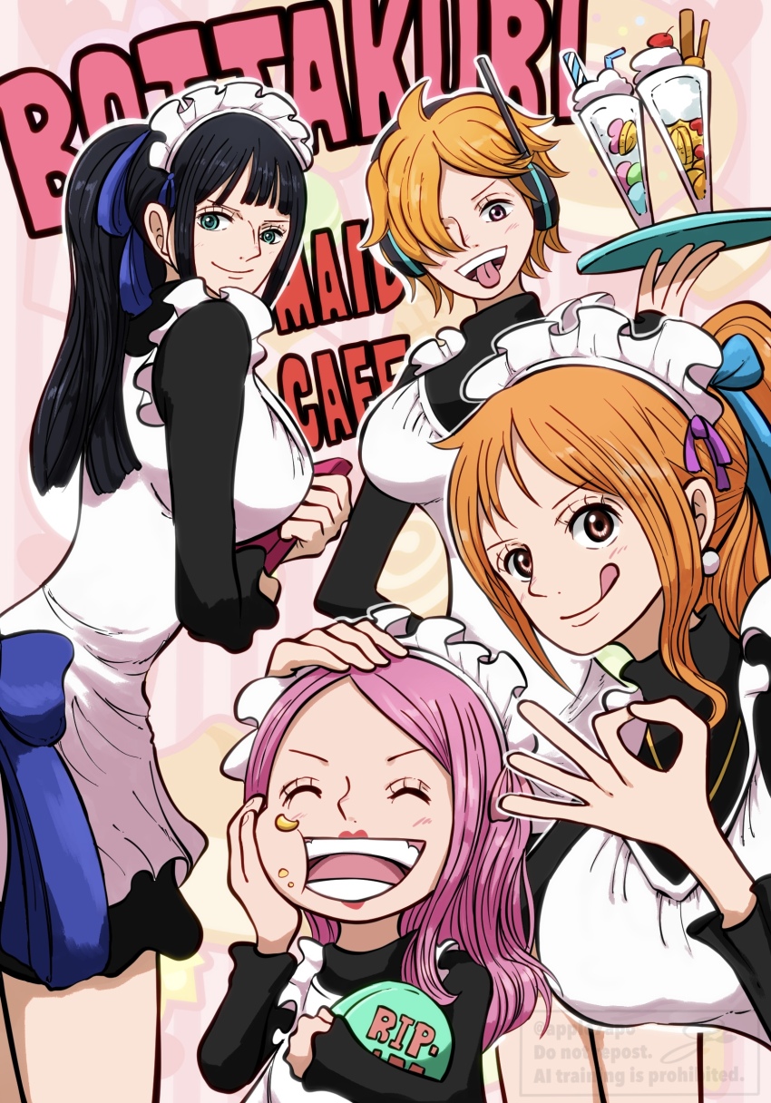 4girls apple7apo apron black_hair breasts brown_eyes earphones food green_eyes highres holding holding_tray jewelry_bonney large_breasts long_hair maid maid_apron maid_cafe maid_headdress multiple_girls nami_(one_piece) nico_robin ok_sign one_piece orange_hair parfait pink_hair tongue tongue_out tray vegapunk_lilith