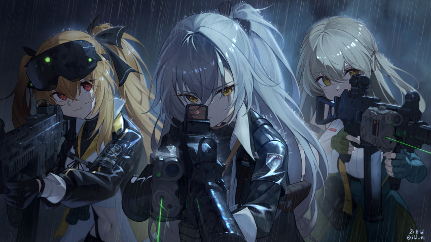 3girls :3 absurdres asymmetrical_gloves black_gloves black_jacket bld_zi brown_hair closed_mouth commentary_request crossed_bangs fingerless_gloves girls&#039;_frontline girls&#039;_frontline_2:_exilium gloves green_eyes green_gloves grey_gloves grey_hair gun h&amp;k_ump hair_between_eyes head-mounted_display highres holding holding_gun holding_weapon jacket korean_commentary lainie_(girls&#039;_frontline_2) laser laser_pointer_projection lenna_(girls&#039;_frontline_2) leva_(girls&#039;_frontline_2) long_hair looking_at_viewer midriff mismatched_gloves multiple_girls navel necktie one_side_up open_clothes open_jacket rain red_eyes scar scar_across_eye scar_on_face scope star-shaped_pupils star_(symbol) submachine_gun symbol-shaped_pupils twintails ump40_(girls&#039;_frontline) ump45_(girls&#039;_frontline) ump9_(girls&#039;_frontline) weapon yellow_eyes yellow_necktie