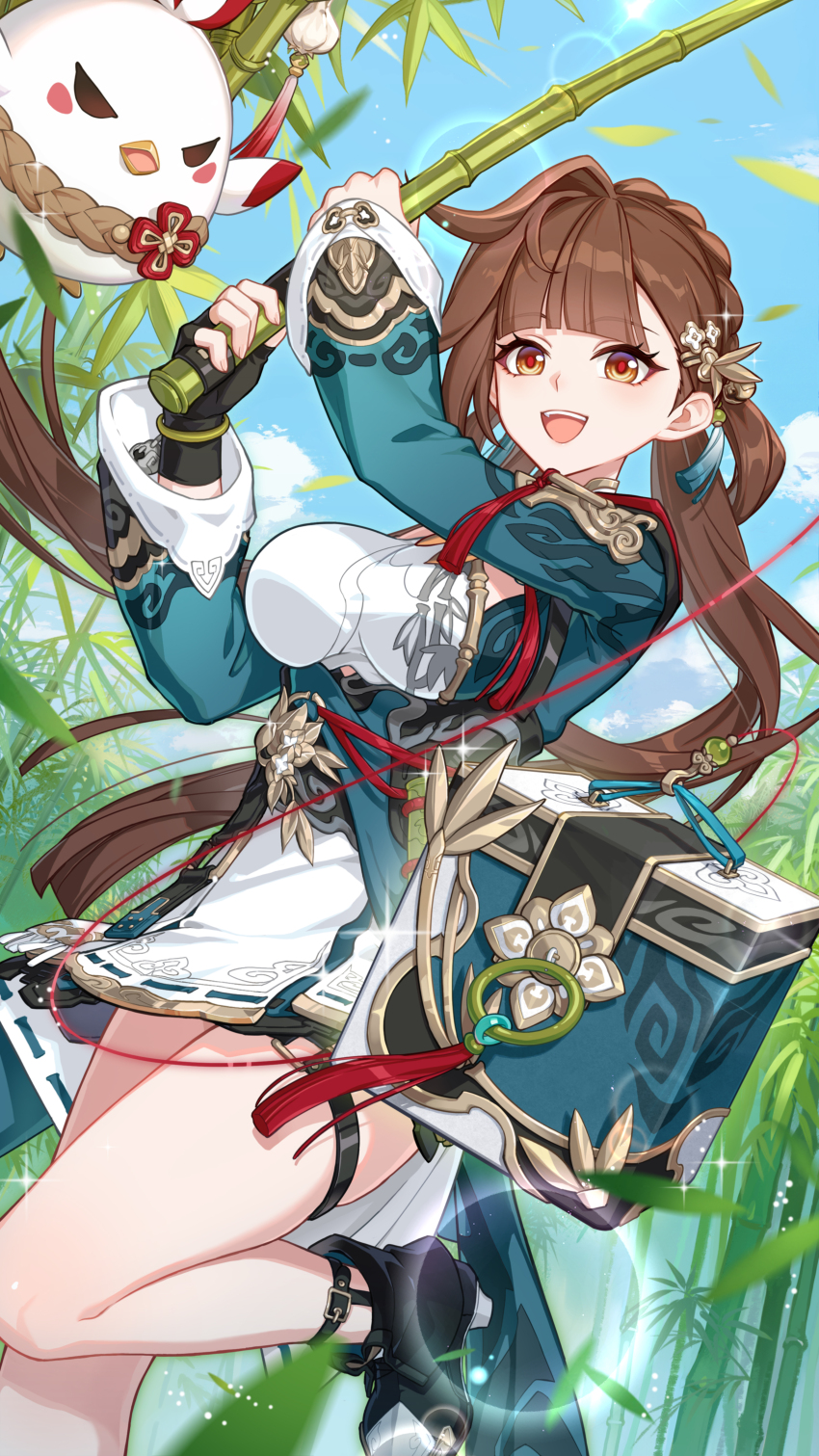 1girl absurdres ankle_belt ankle_strap aqua_dress black_boots black_gloves blue_sky boots brown_hair china_dress chinese_clothes cloud dress fingerless_gloves gloves highres holding holding_umbrella honkai_(series) honkai_impact_3rd li_sushang li_sushang_(peregrine_sword) long_hair long_sleeves official_alternate_costume official_art open_mouth outdoors single_glove sky smile solo standing standing_on_one_leg teeth thigh_strap umbrella upper_teeth_only