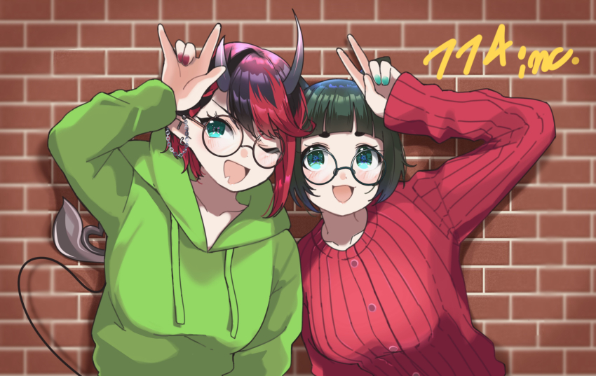2girls alternate_costume animal_ears animare black-framed_eyewear black_hair blue_eyes blue_nails blunt_bangs blush bob_cut breasts brick_wall commentary_request commission demon_girl demon_horns demon_tail dog_ears glasses green_hair green_hoodie hashiba_natsumi_(animare) highres hood hoodie horns large_breasts looking_at_viewer multicolored_hair multiple_girls nail_polish nanashi_inc. open_mouth pointy_ears red_hair red_nails red_sweater ribbed_sweater round_eyewear ryugasaki_rene short_hair skeb_commission smile sugar_lyric sweater tail thick_eyebrows two-tone_hair upper_body v virtual_youtuber zono_(inokura_syuzo029)