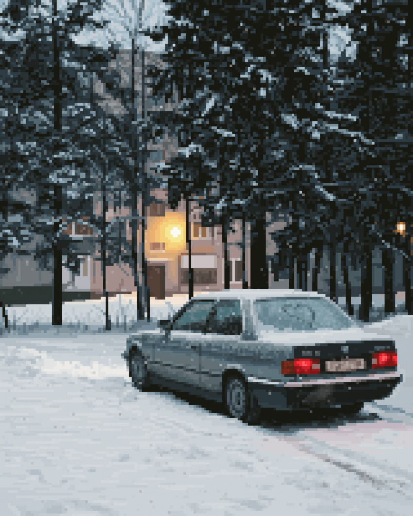 aleha_84 animated animated_gif building car day heart highres looping_animation motor_vehicle no_humans original outdoors pine_tree pixel_art scenery snow snowing tree winter