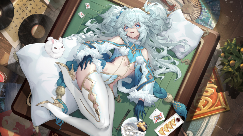 1girl absurdres ace_(playing_card) ace_of_clubs blue_eyes blue_gloves blue_hair breasts card club_(shape) florence_(neural_cloud) folding_fan food fur_trim girls&#039;_frontline girls&#039;_frontline_neural_cloud gloves hair_ornament hair_spread_out hand_fan heart heart-shaped_pupils high_heels highres king_(playing_card) king_of_diamonds long_hair long_sleeves looking_at_viewer lying on_side pa-15_(girls&#039;_frontline) pantyhose parted_lips playing_card rabbit shanyao_jiang_tororo small_breasts smile symbol-shaped_pupils thighs twintails white_pantyhose