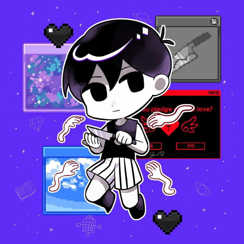 1boy antenna_hair bare_arms bare_shoulders black_eyes black_hair black_shirt black_socks chibi chibi_only closed_mouth colored_skin commentary_request double-parted_bangs empty_eyes full_body genk1zam4s hair_between_eyes heart highres holding holding_knife jumping kneehighs knife looking_at_viewer male_focus no_pupils omori omori_(omori) outline pixel_art_inset purple_background shirt short_hair shorts sideways_glance simple_background sleeveless sleeveless_shirt socks solo sparkle striped_clothes striped_shorts vertical-striped_clothes vertical-striped_shorts very_short_hair white_outline white_shorts white_skin window_(computing)