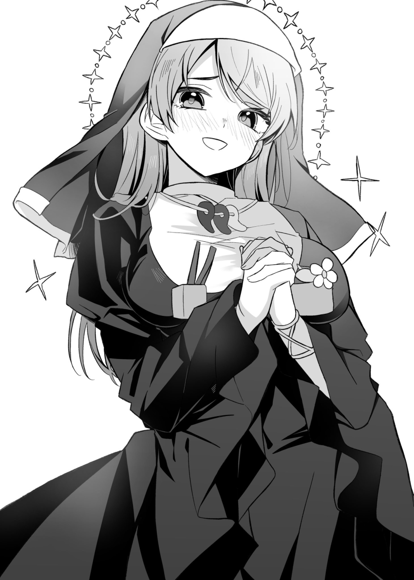 1girl alternate_costume blush breasts dress greyscale haniyasushin_keiki highres interlocked_fingers jewelry large_breasts long_hair long_sleeves looking_at_viewer magatama magatama_necklace meimei_(meimei89008309) monochrome necklace nun open_mouth own_hands_together simple_background smile solo touhou white_background wide_sleeves