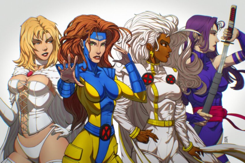 4girls bare_shoulders blonde_hair blue_eyes blue_leotard boots breasts cape choker cleavage corset dark-skinned_female dark_skin earrings elbow_gloves emma_frost gloves green_eyes highleg highleg_leotard holding holding_weapon jean_grey jewelry large_breasts leotard lipstick long_hair makeup marvel multiple_girls navel panties patminiuttiart psylocke purple_eyes purple_hair sash storm_(x-men) superhero_costume sword thigh_boots thighhighs underwear weapon white_gloves white_hair white_panties x-men