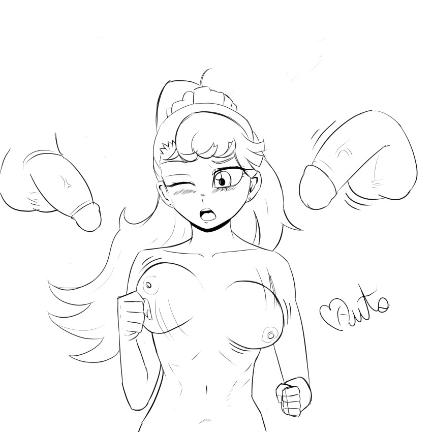 1girl absurdres autonomousgm blush bouncing_breasts breasts earrings galko gym_uniform highres jewelry long_hair medium_breasts nipples oshiete!_galko-chan penis running testicles