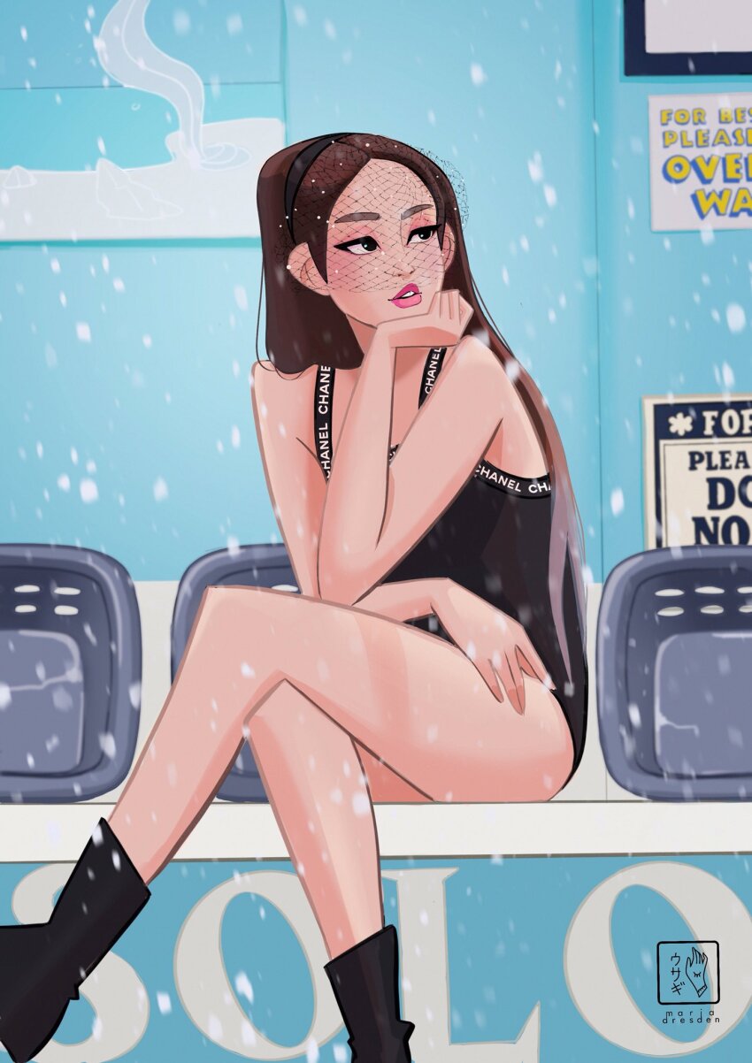 1girl animification black_eyes black_headband blackpink boots brown_hair chanel commentary crossed_legs english_commentary fishnet_fabric headband highres jennie_(blackpink) k-pop laundry_basket leotard long_hair looking_to_the_side makeup mascara miadresden pink_lips sitting solo watermark