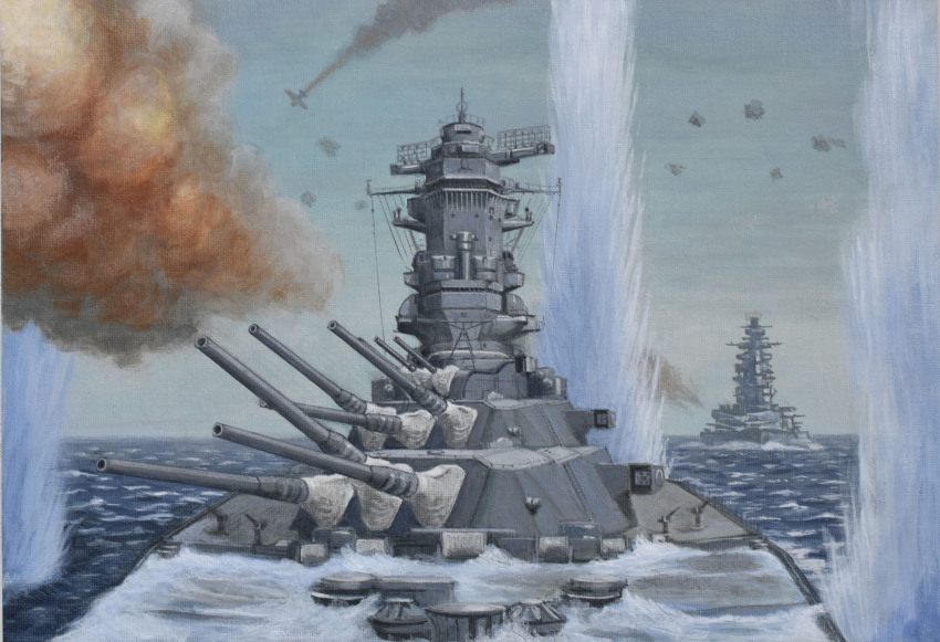 absurdres acrylic_paint_(medium) aircraft airplane atelier_bono battle battleship cannon explosion firing flak highres imperial_japanese_navy military_vehicle musashi_(battleship) muzzle_flash naval_battle ocean original painting_(medium) radar ship ship_turret sky smoke traditional_media vehicle_focus warship watercraft waves world_war_ii yamato_(battleship)