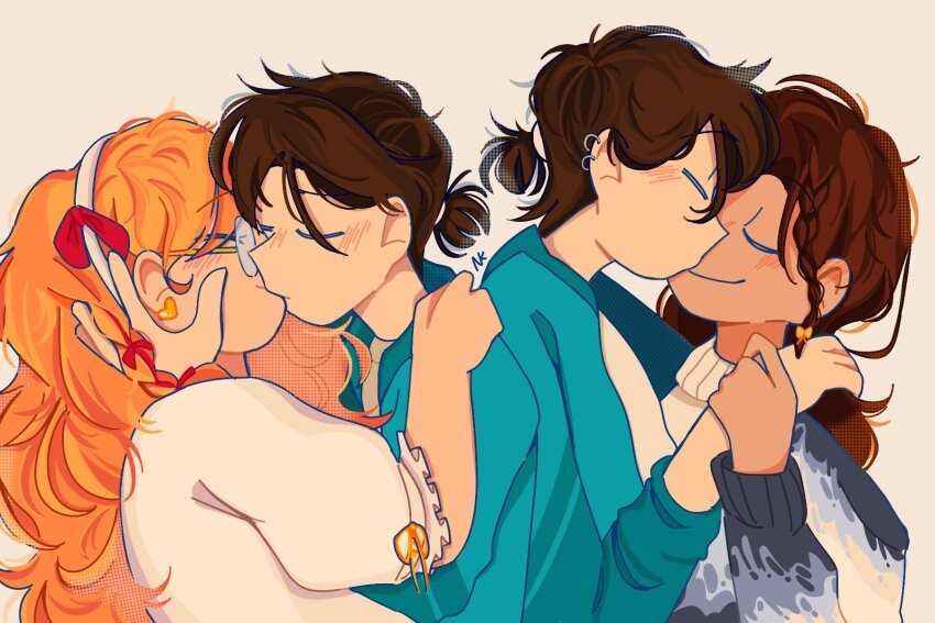 1boy 2girls blue_jacket blush braid brown_hair closed_eyes earrings from_side glasses hair_ribbon hairband hand_on_another&#039;s_face hand_on_another&#039;s_shoulder hand_on_another&#039;s_wrist heart heart_earrings hetero highres hoop_earrings jacket jewelry kiss long_hair low_ponytail main_character_(our_life) multiple_girls multiple_views nobi33ka orange_hair our_life our_life:_now_and_forever polyamory ponytail qiu_lin_(our_life) ribbon shirt sweater tamarack_baumann upper_body wavy_hair white_shirt