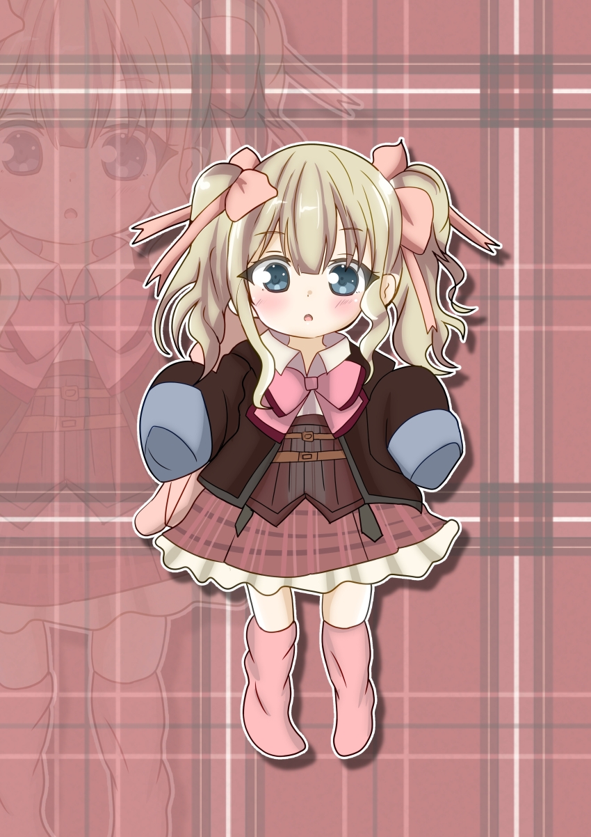 1girl absurdres aged_down assault_lily backpack bag blonde_hair blue_eyes blush bow brown_background brown_jacket brown_skirt child collared_shirt commentary corset ebisu_nobu frilled_skirt frills full_body hair_bow hands_up highres jacket long_sleeves looking_at_viewer ludvico_private_girls&#039;_academy_school_uniform medium_hair miniskirt narumi_clara_yuuko no_shoes parted_lips pink_bow pink_thighhighs plaid_background plaid_clothes plaid_skirt school_uniform shirt sidelocks skirt sleeves_past_fingers sleeves_past_wrists solo standing thighhighs twintails underbust white_shirt zoom_layer