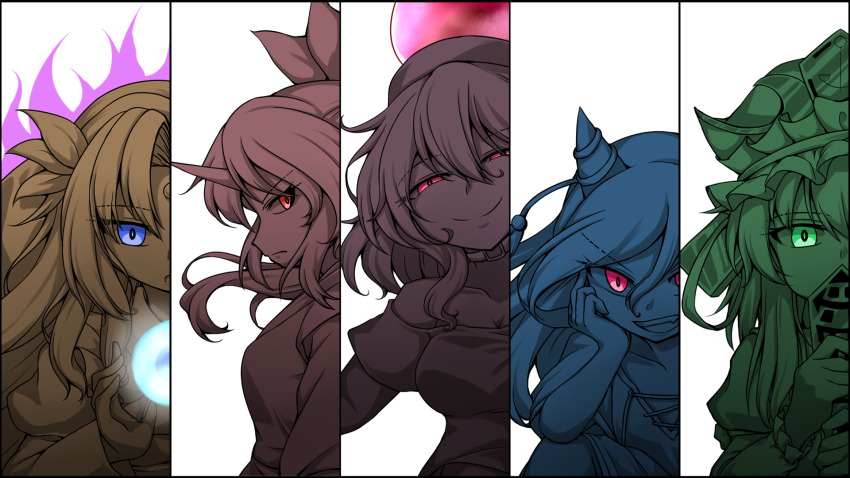 495-flan 5girls bare_shoulders blue_eyes bow choker cone_horns false_smile frilled_hat frills green_eyes hair_bow hat hecatia_lapislazuli highres horn_ornament horns japanese_clothes kikuri_(touhou) konngara_(touhou) long_hair long_sleeves looking_at_viewer multiple_girls nippaku_zanmu off-shoulder_shirt off_shoulder ponytail red_eyes ribbon rod_of_remorse shiki_eiki shirt short_hair short_sleeves single_horn smile touhou touhou_(pc-98) trait_connection underworld_(ornament) wide_sleeves