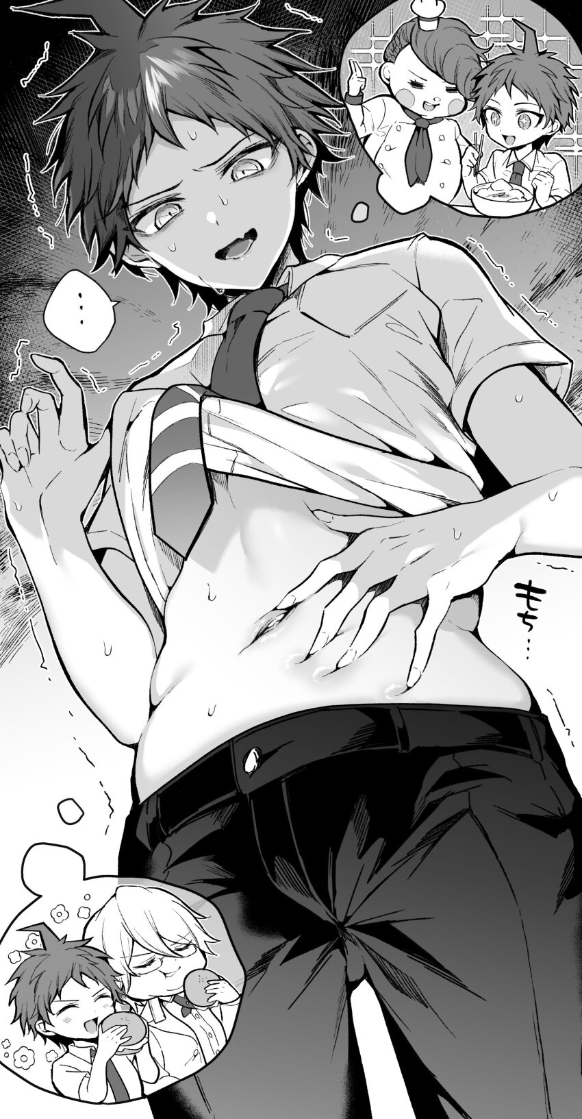 ... 3boys absurdres ahoge bowl breast_pocket chopsticks clothes_lift collared_shirt cowboy_shot danganronpa_(series) danganronpa_2:_goodbye_despair food from_below greyscale hanamura_teruteru highres hinata_hajime holding holding_chopsticks holding_food male_focus monochrome multiple_boys navel necktie pants pocket shirt shirt_lift short_hair speech_bubble stomach thought_bubble togami_byakuya_(danganronpa_2) yumeyume_2z