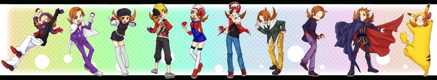 6+girls backwards_hat bag baseball_cap blue_oak blue_oak_(cosplay) blue_oak_(pokemon_hgss) brown_hair cape cosplay ethan_(pokemon) ethan_(pokemon)_(cosplay) eusine_(pokemon) eusine_(pokemon)_(cosplay) gen_1_pokemon hat headband highres holding holding_poke_ball lance_(pokemon) lance_(pokemon)_(cosplay) long_image lyra_(pokemon) multiple_girls multiple_persona nintendo one_eye_closed pikachu poke_ball poke_ball_(basic) poke_kid_(pokemon) poke_kid_(pokemon)_(cosplay) pokemon pokemon_hgss pokemon_rgby polka_dot polka_dot_background red_(pokemon) red_(pokemon)_(cosplay) ribbon saku_(pixiv526117) scarf silver_(pokemon) silver_(pokemon)_(cosplay) silver_(pokemon)_(hgss) silver_(pokemon)_(remake) surge_(pokemon) surge_(pokemon)_(cosplay) team_rocket team_rocket_(cosplay) team_rocket_uniform twintails waist_poke_ball wide_image wink