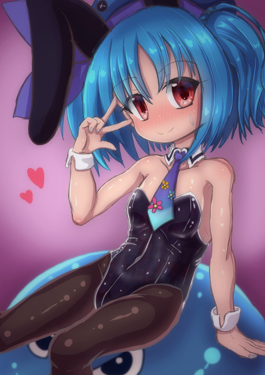 1girl bare_shoulders black_pantyhose blue_hair blue_hat blue_necktie blush breasts emil_chronicle_online hair_ornament hat highres leotard loli looking_at_viewer monster_girl necktie pantyhose playboy_bunny purple_ribbon pururu_alma rabbit_hair_ornament red_eyes ribbon riding rna0 slime_(creature) slime_girl small_breasts sweatdrop twintails