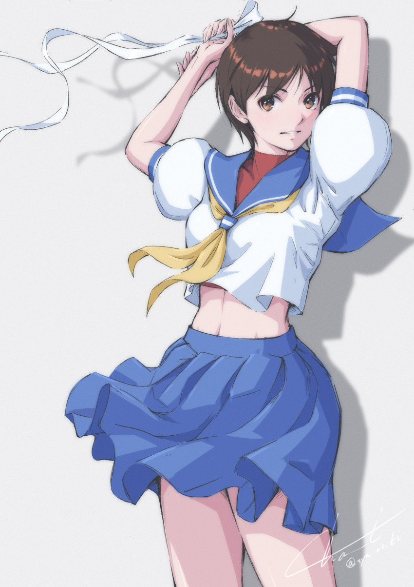 1girl absurdres blue_sailor_collar blue_skirt brown_eyes brown_hair highres holding holding_ribbon kasugano_sakura looking_at_viewer midriff neckerchief parted_lips pleated_skirt puffy_short_sleeves puffy_sleeves ribbon sailor_collar shadow shirt short_hair short_sleeves signature skirt solo street_fighter tyanoki white_background white_ribbon white_shirt yellow_neckerchief