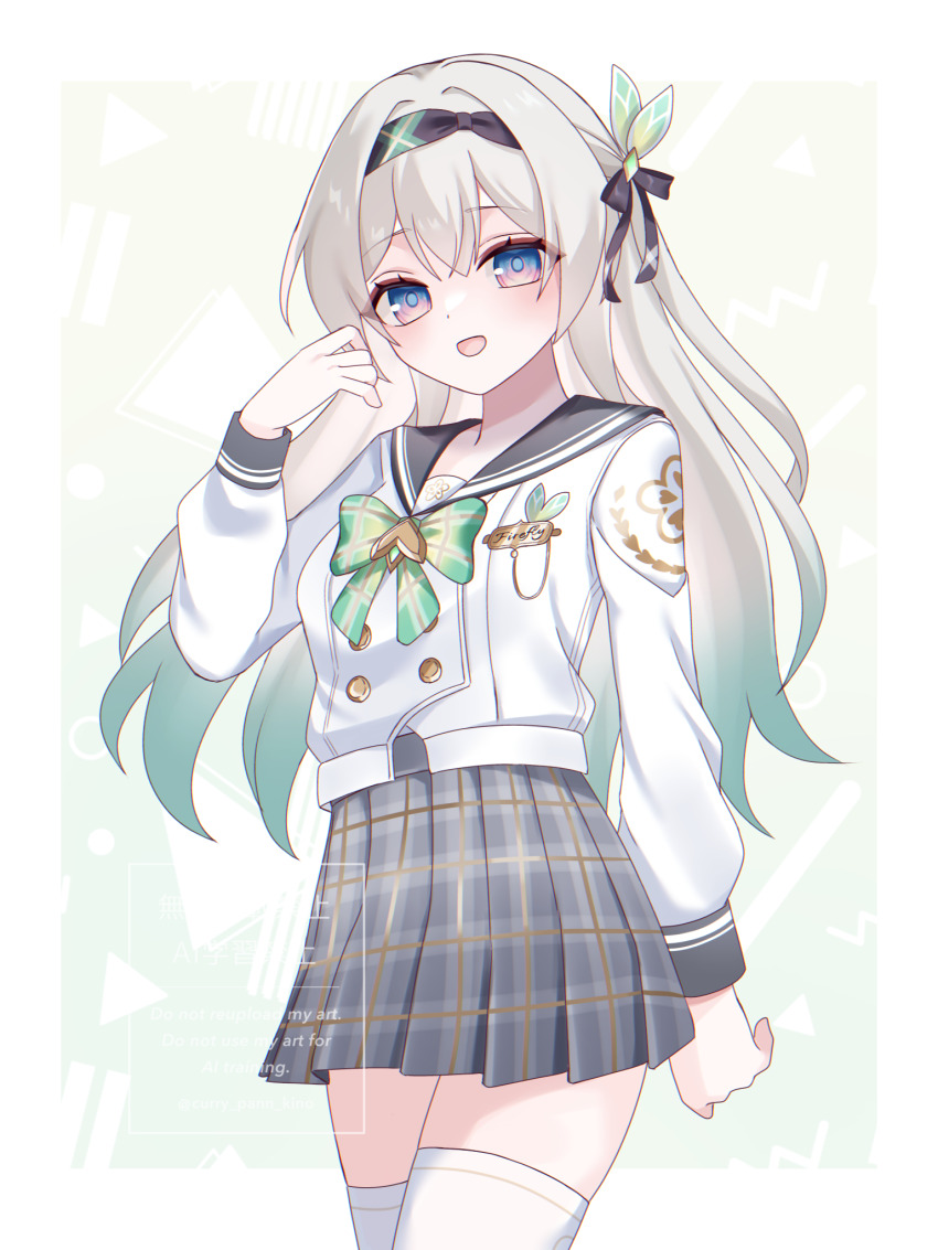 1girl black_ribbon black_sailor_collar blue_eyes blue_pupils character_name cowboy_shot firefly_(honkai:_star_rail) green_hair grey_hair grey_skirt hair_ribbon highres honkai:_star_rail honkai_(series) jacket kino_(curry_pan) looking_at_viewer multicolored_hair open_mouth purple_eyes ribbon sailor_collar simple_background skirt smile solo thighhighs two-tone_hair watermark white_background white_jacket white_thighhighs