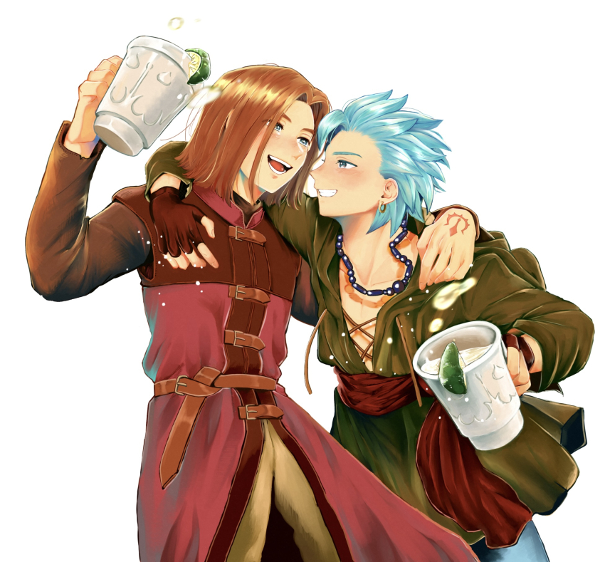 2boys :d alcohol arm_around_shoulder bead_necklace beads blue_eyes blue_pants brown_gloves brown_hair camus_(dq11) collarbone commentary_request couple cowboy_shot cup dragon_quest dragon_quest_xi earrings fingerless_gloves food fruit gloves green_pants grin hand_tattoo hero_(dq11) highres holding holding_cup jacket jewelry lime_(fruit) lime_slice looking_at_another male_focus medium_hair multiple_boys necklace open_mouth pants parted_hair profile purple_jacket red_sash sash short_hair smile spiked_hair tattoo tunic user_muvx7483 white_background yaoi