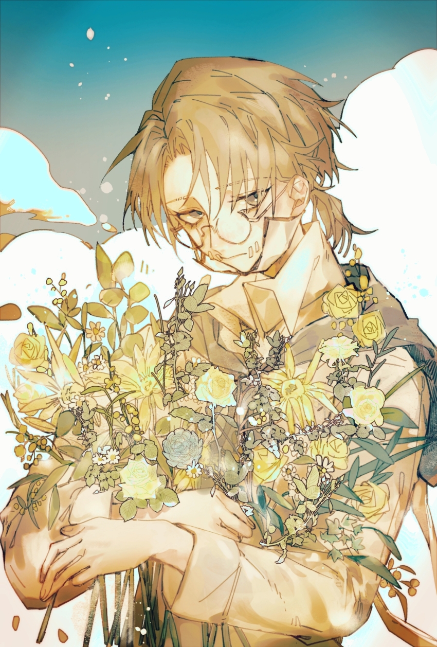 1boy aesop_carl ayi15181 blue_sky bouquet closed_mouth cloud collared_shirt day eyelashes fingernails flower glasses highres holding holding_bouquet identity_v leaf long_sleeves looking_to_the_side low_ponytail male_focus medium_hair outdoors parted_bangs ponytail rose round_eyewear shirt sky solo stitched_mouth stitches upper_body