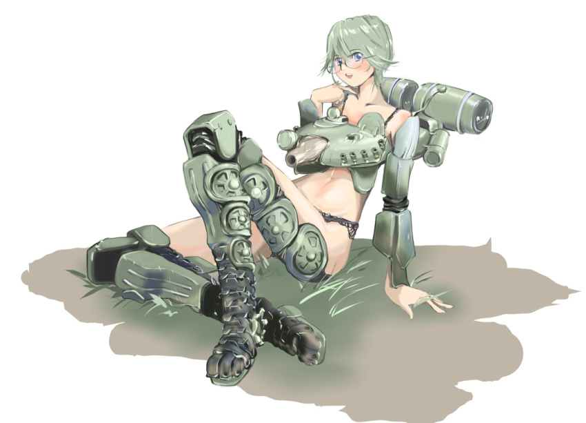 1girl arm_support armor blue_eyes bra female_focus glasses grass green_hair gun mecha_musume military military_vehicle motor_vehicle nano_(nanosize) open_mouth original panties personification short_hair sitting solo t-72 tank teeth underwear vehicle weapon