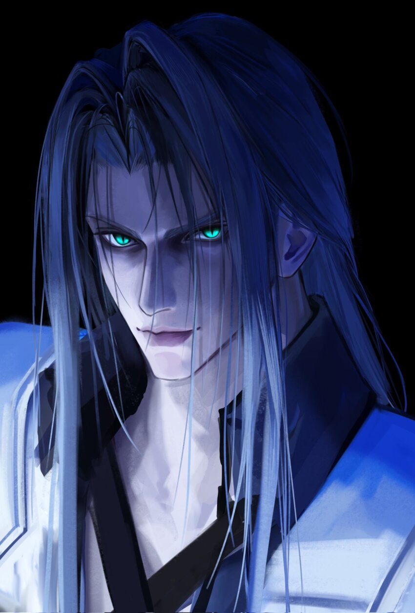 1boy armor black_background black_coat chest_strap chinese_commentary closed_mouth coat commentary_request final_fantasy final_fantasy_vii final_fantasy_vii_remake green_eyes grey_hair highres lips long_bangs long_hair looking_at_viewer male_focus parted_bangs sephiroth shoulder_armor slit_pupils solo sxzz1597 upper_body