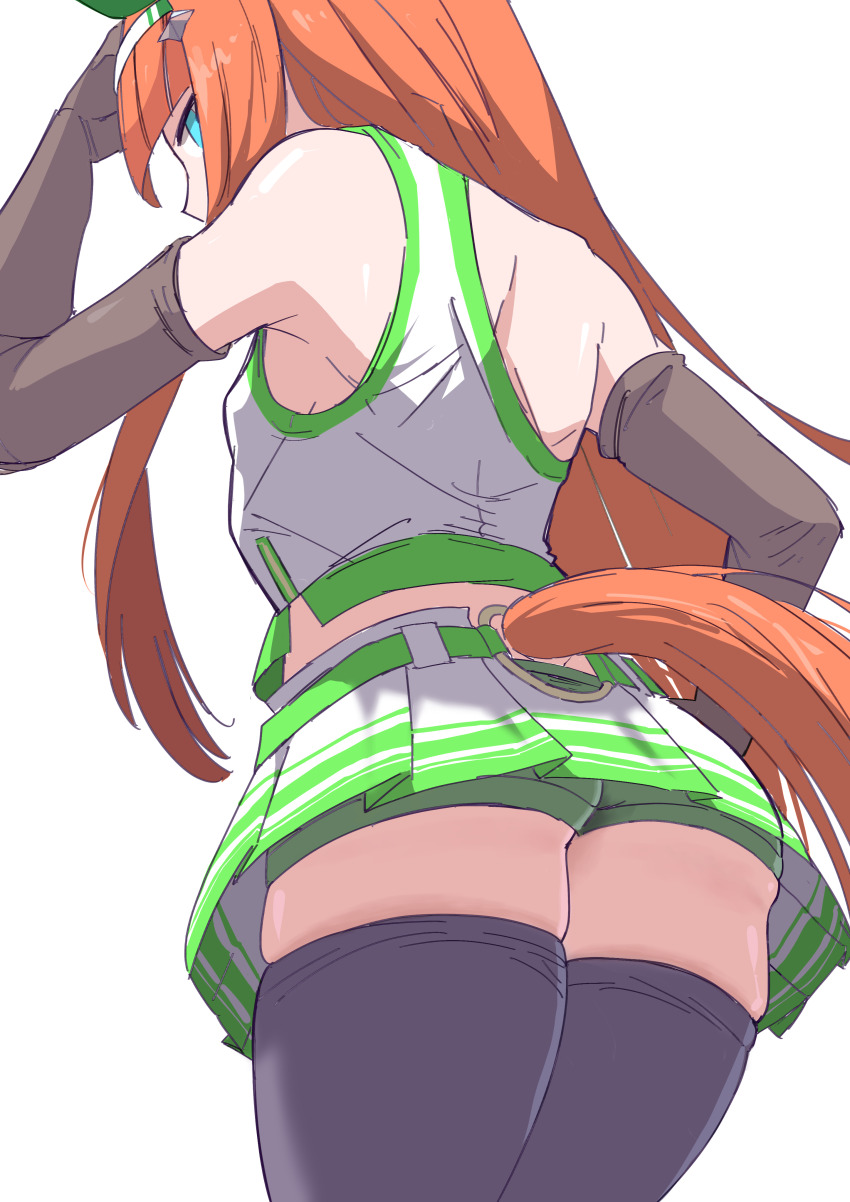 1girl absurdres animal_ears ass blue_eyes blunt_bangs blush breasts commentary_request hair_ornament hairband highres horse_ears horse_girl horse_tail itosu200 looking_at_viewer orange_hair silence_suzuka_(umamusume) sleeveless small_breasts solo tail thighhighs umamusume white_background