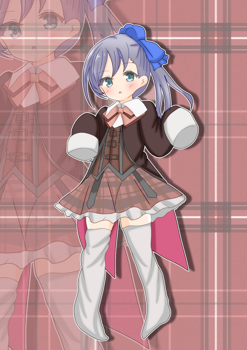 1girl absurdres aged_down aqua_eyes assault_lily blue_bow blush bow bowtie brown_background brown_jacket brown_skirt child collared_shirt commentary corset ebisu_nobu frilled_skirt frills full_body grey_hair hair_bow hands_up high_ponytail highres houjou_monica_asahi jacket long_hair long_sleeves looking_at_viewer ludvico_private_girls&#039;_academy_school_uniform miniskirt no_shoes open_clothes open_jacket oversized_clothes parted_lips pink_bow pink_bowtie plaid_background plaid_clothes plaid_skirt ponytail school_uniform shirt side_ponytail skirt sleeves_past_fingers sleeves_past_wrists solo standing thighhighs white_shirt white_thighhighs zoom_layer