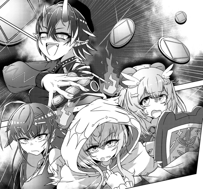 4girls :d ahoge amatsuna_sasaha animal_ears bane_mk-2 commentary_request connect_four crossed_bangs frown greyscale hair_between_eyes hair_ornament heart heart_hair_ornament highres hitodama holding holding_shield hood hood_up kasukane_shino long_hair looking_at_viewer monochrome multiple_girls nanashi_inc. open_mouth panda_ears panda_girl pointy_ears ryugasaki_rene ryugasaki_rene_(4th_costume) shield shirt short_hair smile upper_body uruwashi_ririri v-shaped_eyebrows virtual_youtuber