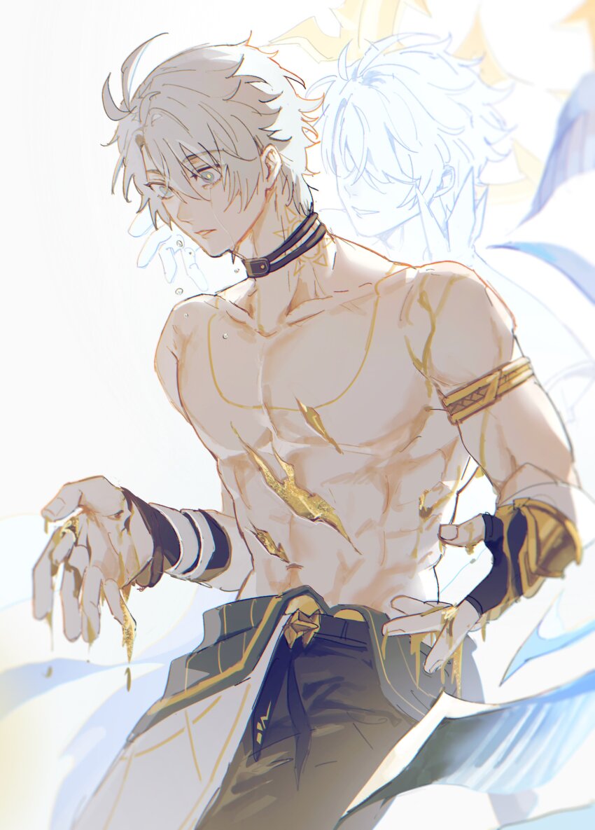 1boy abs absurdres antenna_hair arm_cuffs armor bare_pectorals belt_collar biceps black_choker black_gloves black_pants blood blood_on_hands blue_eyes chest_tattoo choker collar covered_eyes dark_persona double_halo fingerless_gloves ggtnnk gloves gold_armor gold_blood gold_halo hair_between_eyes hair_over_eyes halo highres honkai:_star_rail honkai_(series) injury leaning_forward looking_at_hand looking_down male_focus neck_tattoo no_eyes pants parted_lips partially_undressed pectorals phainon_(honkai:_star_rail) raised_eyebrows reach-around reaching short_hair smirk solo solo_focus spiked_hair spiked_halo sun_symbol surprised tattoo torso upper_body white_hair wide-eyed yellow_blood yellow_pupils