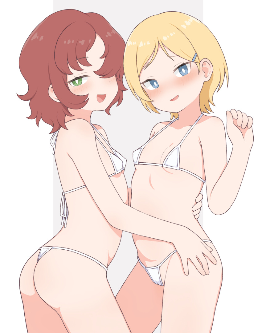 2girls absurdres ami_enan ass bikini blonde_hair blue_eyes breasts commission green_eyes hair_ornament hairclip highres lily_watson_(lupin_iii) lupin_iii micro_bikini multiple_girls pixiv_commission short_hair small_breasts swimsuit tooteki