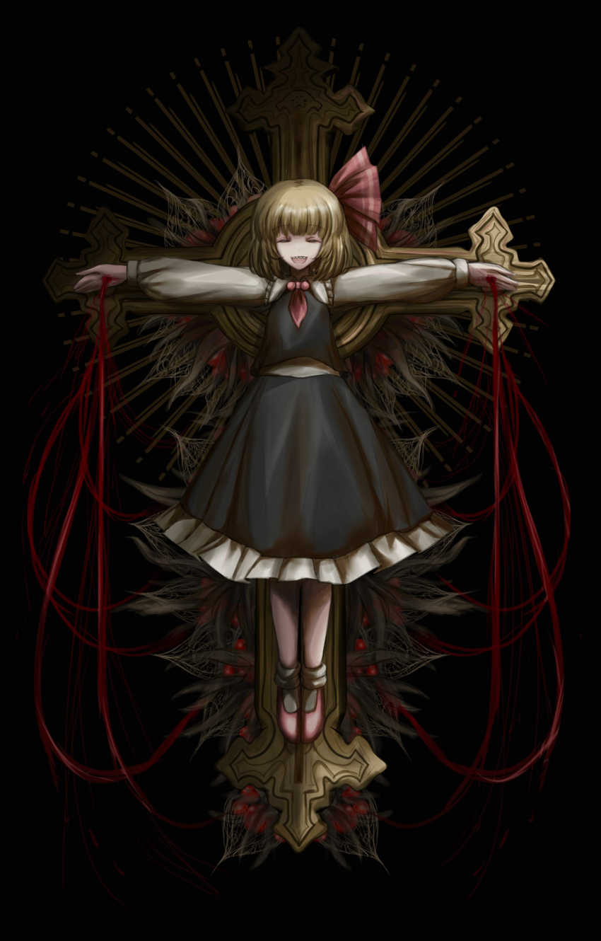 1girl absurdres ascot black_background black_skirt black_vest blonde_hair blood closed_eyes commentary cross crucifixion english_commentary facing_viewer frilled_skirt frills hair_ribbon highres long_sleeves red_ascot red_ribbon ribbon rumia sharp_teeth short_hair simple_background skirt smile solo t-pose teeth there2007 touhou upper_teeth_only vest