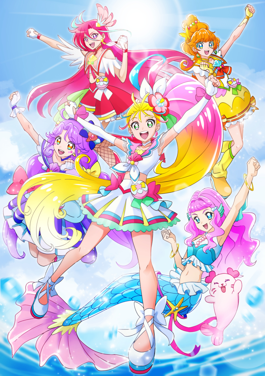 5girls 5gn9x anime_coloring blonde_hair blue_bow blue_eyes blue_hairband blue_shirt blue_sky boots bow bow_skirt bracelet capelet choker clenched_hands clothing_cutout commentary cure_coral cure_flamingo cure_papaya cure_summer day dress elbow_gloves facial_mark feather_hair_ornament feathers fingerless_gloves food-themed_hair_ornament frilled_shirt frills fruit_hair_ornament gloves green_eyes hair_between_breasts hair_ornament hairband hat hat_bow highres ichinose_minori jewelry jumping kururun_(precure) laura_la_mer legs_up looking_at_viewer magical_girl medium_dress midriff miniskirt multicolored_hair multiple_girls natsuumi_manatsu neck_ribbon neckerchief orange_eyes orange_hair orange_ribbon outdoors pink_hair pink_sailor_collar pleated_skirt pouch precure purple_boots purple_capelet purple_choker purple_dress purple_eyes purple_hair raised_fist raised_fists red_bow red_hair red_shirt red_skirt ribbon sailor_collar sailor_hat sailor_shirt shell_brooch shirt shoes short_dress short_sleeves shoulder_cutout showgirl_skirt skirt sky sleeveless sleeveless_dress sleeveless_shirt standing sun suzumura_sango takizawa_asuka tropical-rouge!_precure tsukikage_oyama white_choker white_gloves white_hat white_neckerchief white_shirt white_shoes white_skirt yellow_boots yellow_dress yellow_gloves