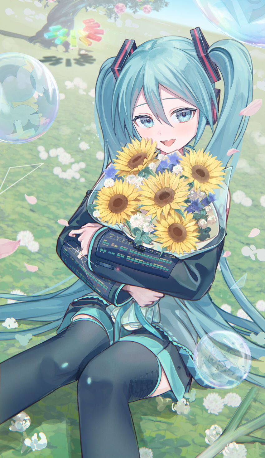 1girl :d absurdres black_skirt black_sleeves black_thighhighs blue_eyes blue_hair blush bouquet commentary day detached_sleeves dot_nose dutch_angle falling_petals feet_out_of_frame field floating flower grass hair_between_eyes hair_ornament hatsune_miku headset highres holding holding_bouquet horizon knees_together_feet_apart long_hair long_sleeves looking_at_viewer melt_(vocaloid) miniskirt hugging_object open_mouth outdoors petals piano_keys pleated_skirt raised_eyebrows shadow sidelocks skirt smile solo song_request sunflower teeth thighhighs tree twintails unknown_mother_goose_(vocaloid) upper_teeth_only very_long_hair vocaloid vs0mr white_flower yellow_flower