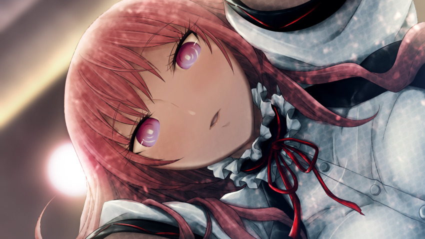 1girl akiha_rumiho blurry blurry_background buttons close-up collar dress frilled_collar frills from_below game_cg hair_between_eyes hair_down hair_undone headdress_removed highres huke indoors long_hair looking_at_viewer maid mayqueen_maid_uniform no_animal_ears non-web_source official_art on_person open_mouth pink_eyes pink_hair pink_lips puffy_short_sleeves puffy_sleeves red_ribbon ribbon ribbon-trimmed_collar ribbon-trimmed_sleeves ribbon_trim ringed_eyes shiny_lips short_sleeves solo square_pupils steins;gate swept_bangs tongue tsurime white_dress yukadon yukadon_on_viewer