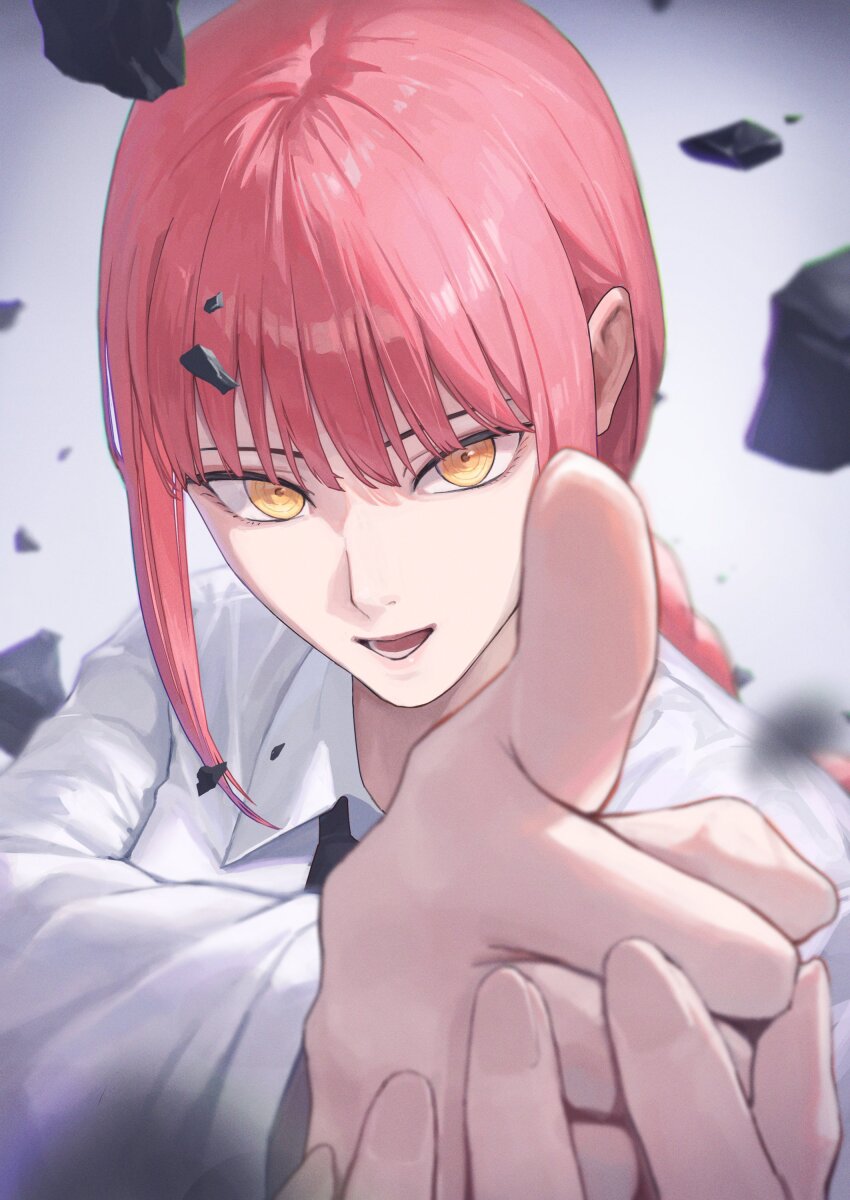 1girl absurdres ano_(gccx8784) black_necktie braid braided_ponytail chainsaw_man collared_shirt commentary_request debris dress_shirt finger_gun formal_clothes highres looking_at_viewer makima_(chainsaw_man) necktie office_lady open_mouth own_hands_together red_hair ringed_eyes shirt sidelocks solo white_shirt yellow_eyes