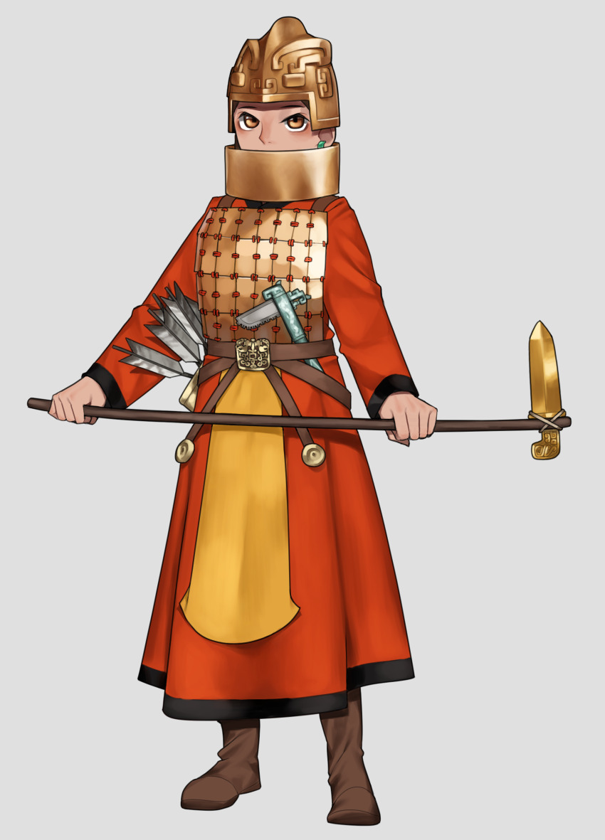 1girl absurdres armor arrow_(projectile) boots bronze brown_eyes brown_footwear chinese_empire dagger_axe fu_hao helmet highres holding holding_weapon military neck_armor pzkpfwi quiver real_life red_robe robe shang_dynasty weapon