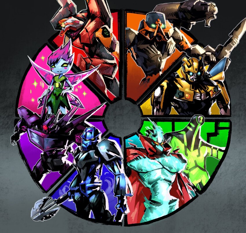1girl alien autobot ben_10 bionicle blue_skin bumblebee_(transformers) cape chou_tengen_toppa_gurren-lagann color_wheel_challenge colored_skin commentary decepticon dress english_commentary eva_02 evangelion_(mecha) fairy fairy_wings gali_(bionicle) glowing glowing_eye glowing_eyes green_dress green_eyes highres holding holding_weapon humanoid_robot looking_down mecha multiple_drawing_challenge neon_genesis_evangelion one-eyed pesky_dust pohatu_(bionicle) polearm prog_ares purple_hair red_cape robot shoulder_cannon solid_eyes soundwave_(transformers) sparkle tengen_toppa_gurren_lagann the_lego_group transformers transformers:_rise_of_the_beasts transformers_(live_action) transformers_prime upgrade_(ben_10) weapon wings