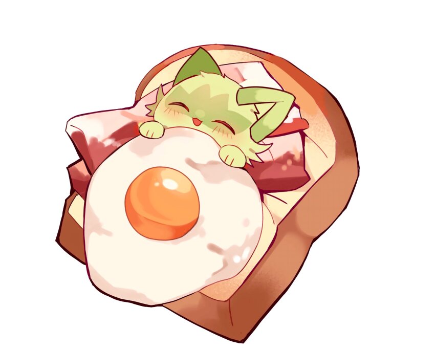 :d ^_^ bacon blush bread bread_slice closed_eyes commentary egg_(food) food highres nintendo no_humans open_mouth pokemon pokemon_(creature) simple_background smile solo sprigatito symbol-only_commentary toast under_covers white_background yupo_0322