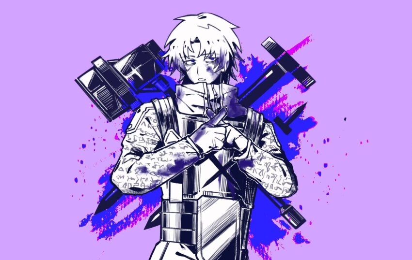 1boy armor bags_under_eyes blood closed_mouth crossed_fingers gloves hammer heathcliff_(project_moon) highres jacket kageyamakira limbus_company long_sleeves looking_at_viewer monochrome n_corp._fanatic_(identity)_(project_moon) nail_(hardware) project_moon purple_blood purple_theme scar scar_on_face simple_background solo venom_(vocaloid)