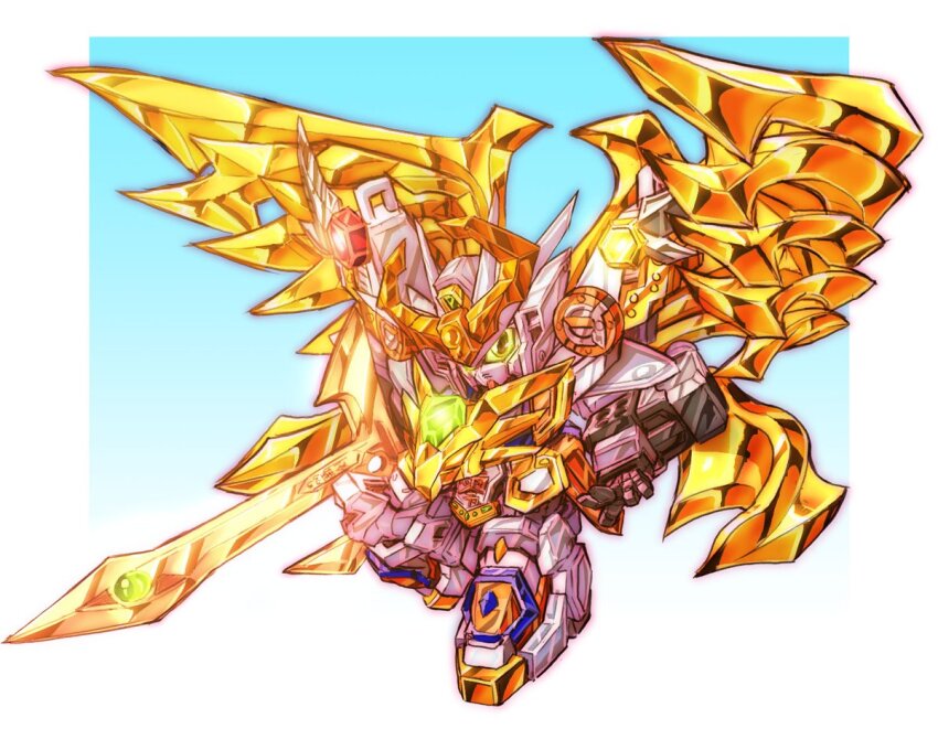 bakurei_houou_daishogun black_eyes chibi colored_sclera gradient_background green_sclera gundam holding holding_sword holding_weapon looking_at_viewer mecha no_humans robot science_fiction sd_gundam sd_sengokuden sword uungunover v-fin weapon