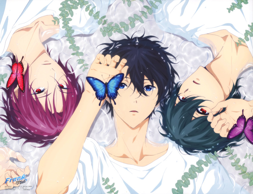 3boys absurdres artist_request black_hair blue_eyes expressionless free! highres incredibly_absurdres kirishima_ikuya looking_at_viewer male_focus matsuoka_rin medium_hair multiple_boys nanase_haruka_(free!) red_eyes red_hair short_hair water wet