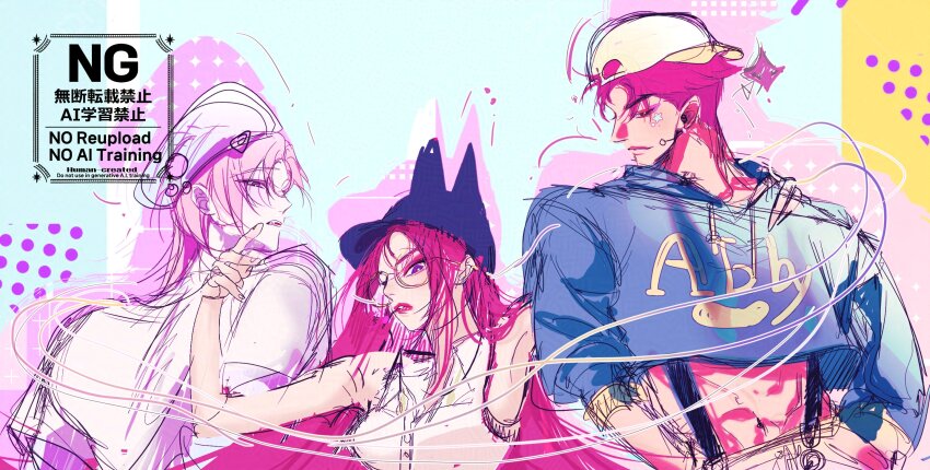1girl 2boys abby_(kpop_demon_hunters) abs alternate_costume armpits arms_behind_back arms_up back bare_shoulders bogosingo closed_mouth cropped_hoodie friends from_behind from_side glasses group_sex hand_on_another&#039;s_cheek hand_on_another&#039;s_face hand_on_another&#039;s_shoulder hat head_tilt hetero highres hood hoodie korean_commentary kpop_demon_hunters leaning_to_the_side long_hair looking_at_another looking_at_viewer looking_down looking_to_the_side mira_(kpop_demon_hunters) multiple_boys muscular muscular_male navel parted_bangs parted_lips pink_hair purple_eyes red_hair red_lips romance_(kpop_demon_hunters) shirt short_hair short_sleeves shrugging sleeveless sleeveless_shirt sleeves_rolled_up standing stomach string threesome upper_body wavy_hair